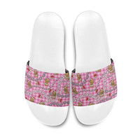 Pink Palaka Hawaii Mele Kalikimaka Slide Sandals Ohia Lehua Shell Leis Funny Gingerbread Santa - Polynesian Pride