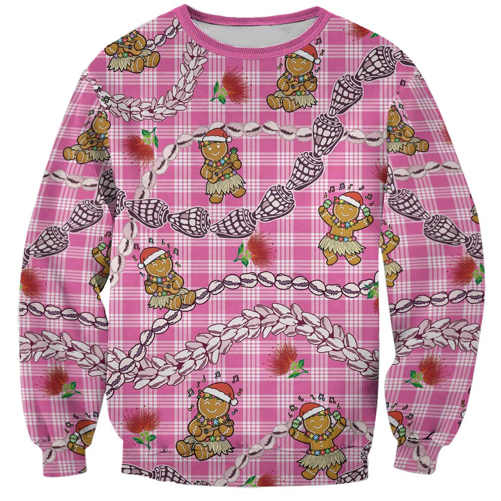 Pink Palaka Hawaii Mele Kalikimaka Sweatshirt Ohia Lehua Shell Leis Funny Gingerbread Santa LT14 Unisex Pink - Polynesian Pride