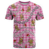 Pink Palaka Hawaii Mele Kalikimaka T Shirt Ohia Lehua Shell Leis Funny Gingerbread Santa - Polynesian Pride