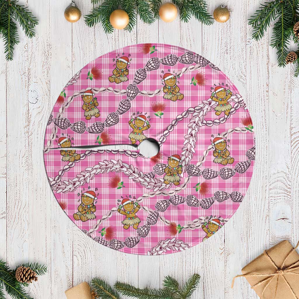 Pink Palaka Hawaii Mele Kalikimaka Tree Skirt Ohia Lehua Shell Leis Funny Gingerbread Santa - Polynesian Pride