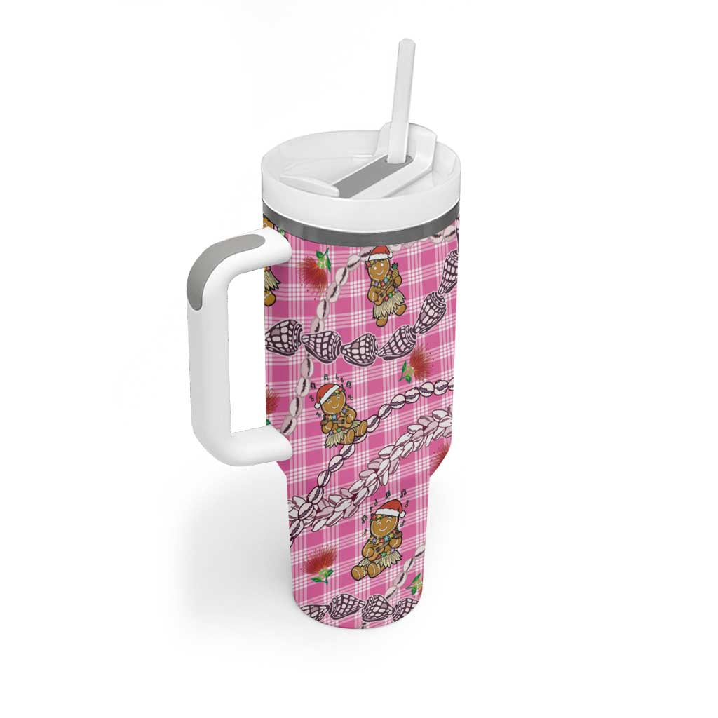 Pink Palaka Hawaii Mele Kalikimaka Tumbler With Handle Ohia Lehua Shell Leis Funny Gingerbread Santa - Polynesian Pride