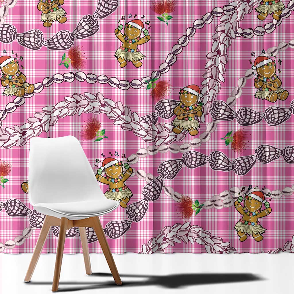 Pink Palaka Hawaii Mele Kalikimaka Window Curtain Ohia Lehua Shell Leis Funny Gingerbread Santa - Polynesian Pride
