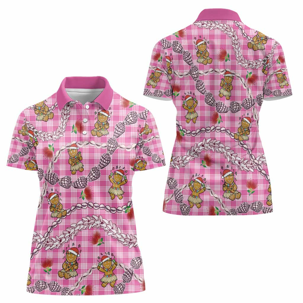 Pink Palaka Hawaii Mele Kalikimaka Women Polo Shirt Ohia Lehua Shell Leis Funny Gingerbread Santa - Polynesian Pride