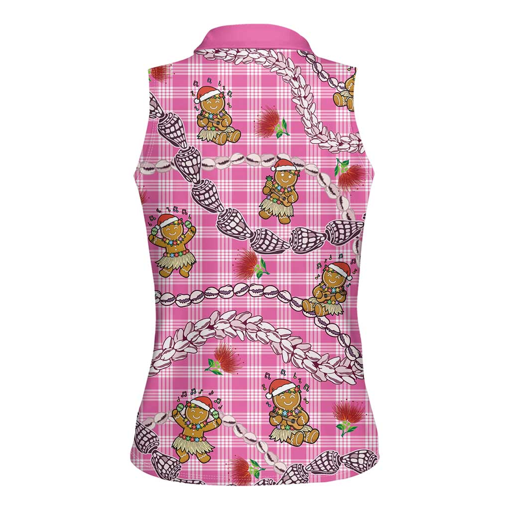 Pink Palaka Hawaii Mele Kalikimaka Women Sleeveless Polo Shirt Ohia Lehua Shell Leis Funny Gingerbread Santa - Polynesian Pride
