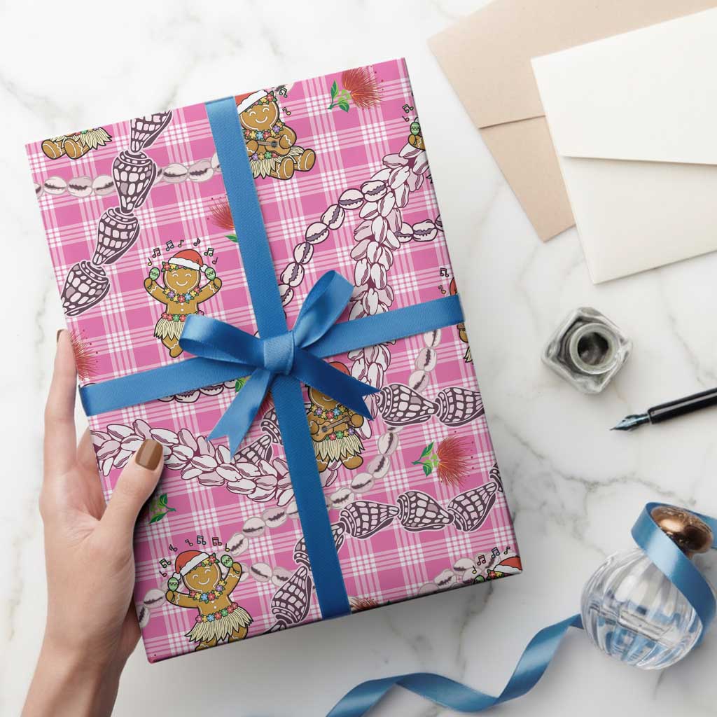 Pink Palaka Hawaii Mele Kalikimaka Wrapping Paper Ohia Lehua Shell Leis Funny Gingerbread Santa - Polynesian Pride