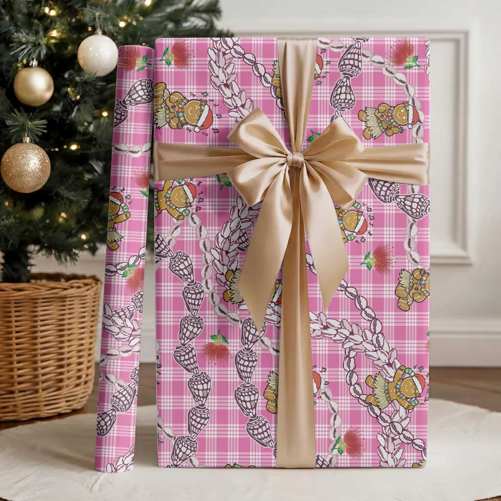 Pink Palaka Hawaii Mele Kalikimaka Wrapping Paper Ohia Lehua Shell Leis Funny Gingerbread Santa - Polynesian Pride