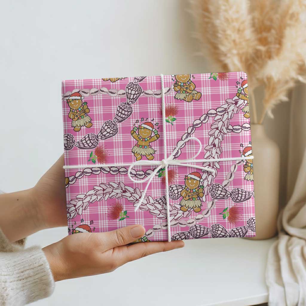 Pink Palaka Hawaii Mele Kalikimaka Wrapping Paper Ohia Lehua Shell Leis Funny Gingerbread Santa - Polynesian Pride