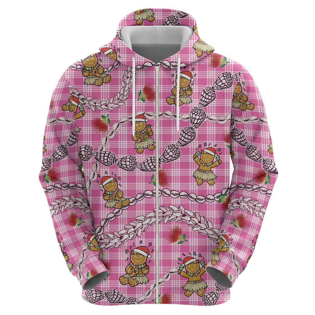 Pink Palaka Hawaii Mele Kalikimaka Zip Hoodie Ohia Lehua Shell Leis Funny Gingerbread Santa - Polynesian Pride