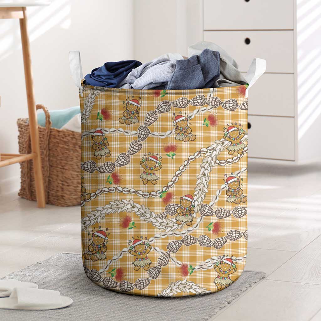 Gold Palaka Hawaii Mele Kalikimaka Laundry Basket Ohia Lehua Shell Leis Funny Gingerbread Santa - Polynesian Pride