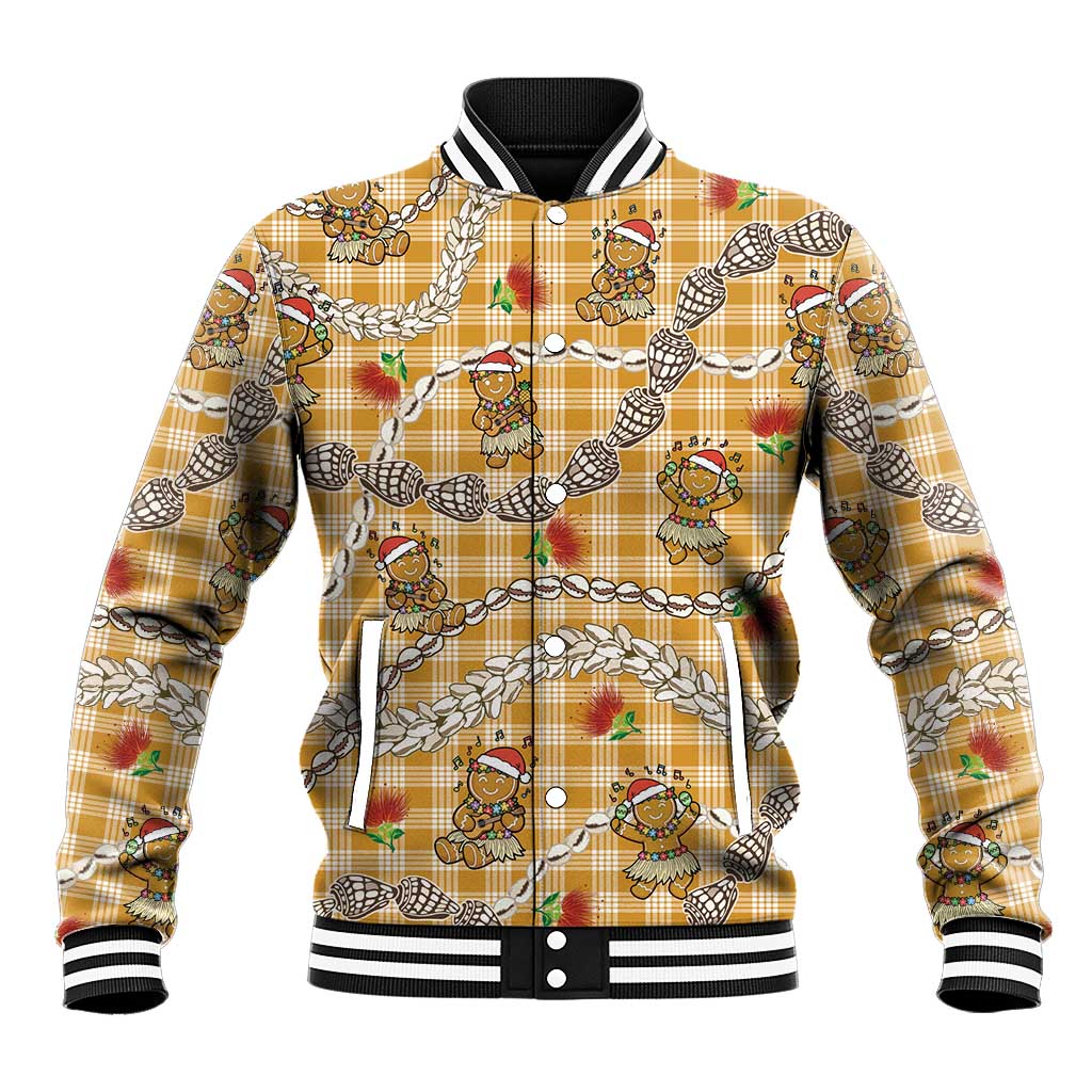Gold Palaka Hawaii Mele Kalikimaka Baseball Jacket Ohia Lehua Shell Leis Funny Gingerbread Santa - Polynesian Pride