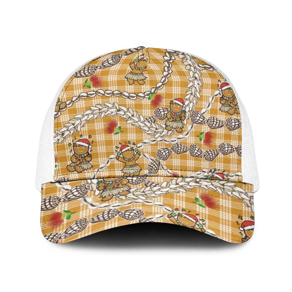 Gold Palaka Hawaii Mele Kalikimaka Baseball Net Cap Ohia Lehua Shell Leis Funny Gingerbread Santa - Polynesian Pride