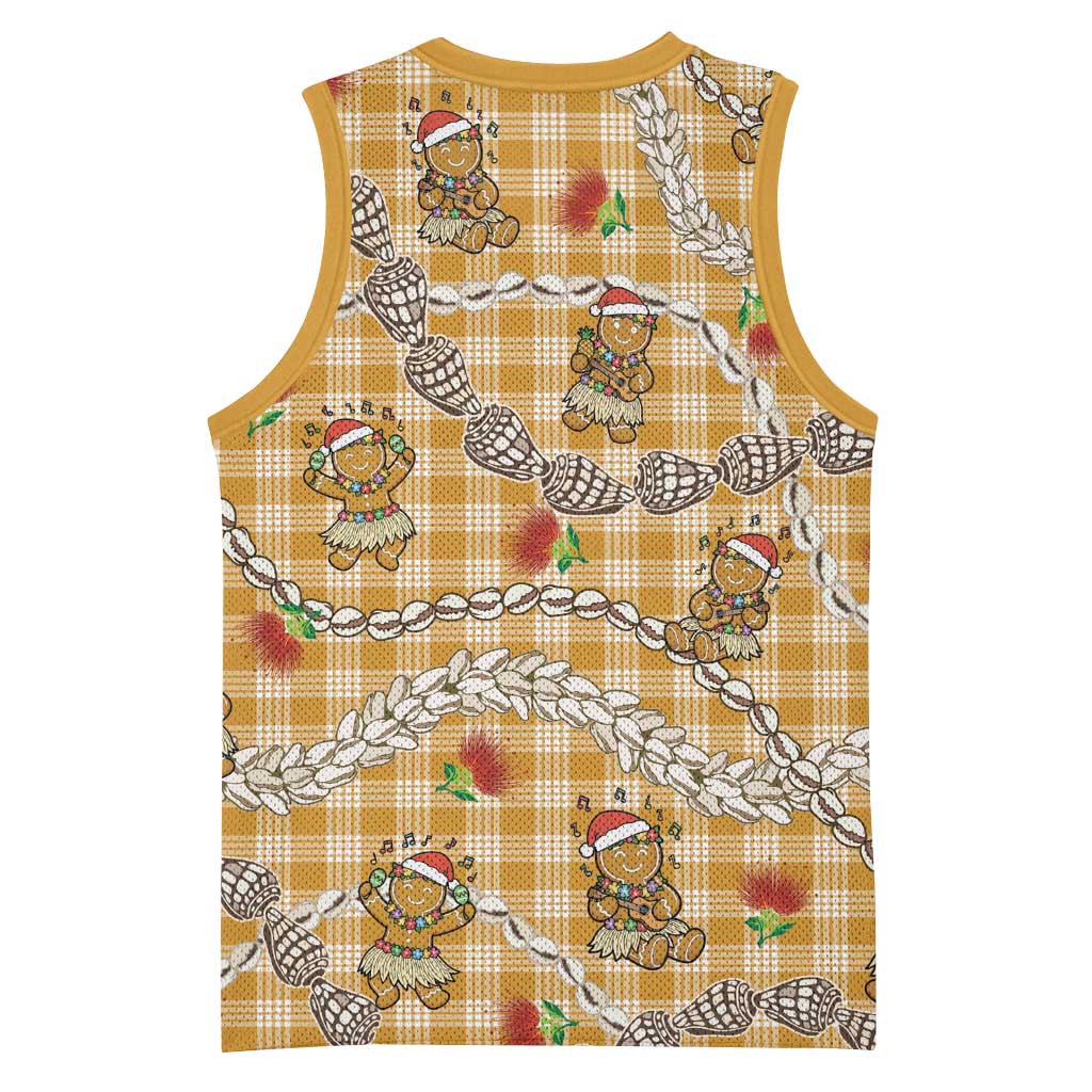 Gold Palaka Hawaii Mele Kalikimaka Basketball Jersey Ohia Lehua Shell Leis Funny Gingerbread Santa - Polynesian Pride