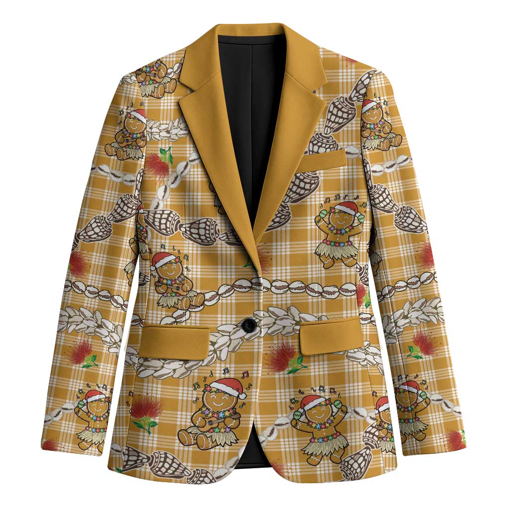 Gold Palaka Hawaii Mele Kalikimaka Blazer Ohia Lehua Shell Leis Funny Gingerbread Santa - Polynesian Pride