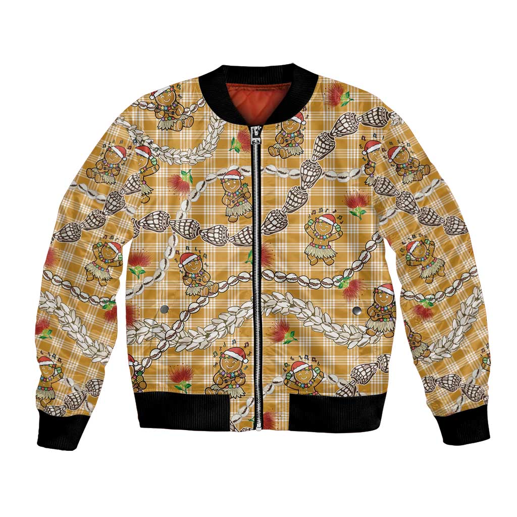Gold Palaka Hawaii Mele Kalikimaka Bomber Jacket Ohia Lehua Shell Leis Funny Gingerbread Santa LT14 Unisex Gold - Polynesian Pride