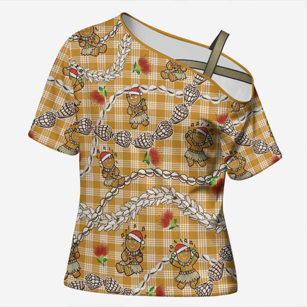Gold Palaka Hawaii Mele Kalikimaka Cross Shoulder Shirt Ohia Lehua Shell Leis Funny Gingerbread Santa LT14 Female Gold - Polynesian Pride