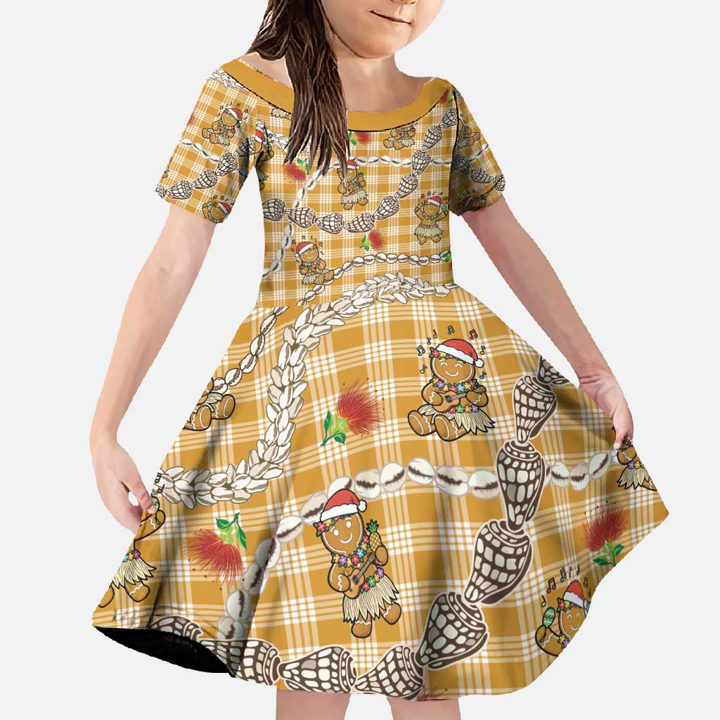 Gold Palaka Hawaii Mele Kalikimaka Family Matching Mermaid Dress and Hawaiian Shirt Ohia Lehua Shell Leis Funny Gingerbread Santa - Polynesian Pride