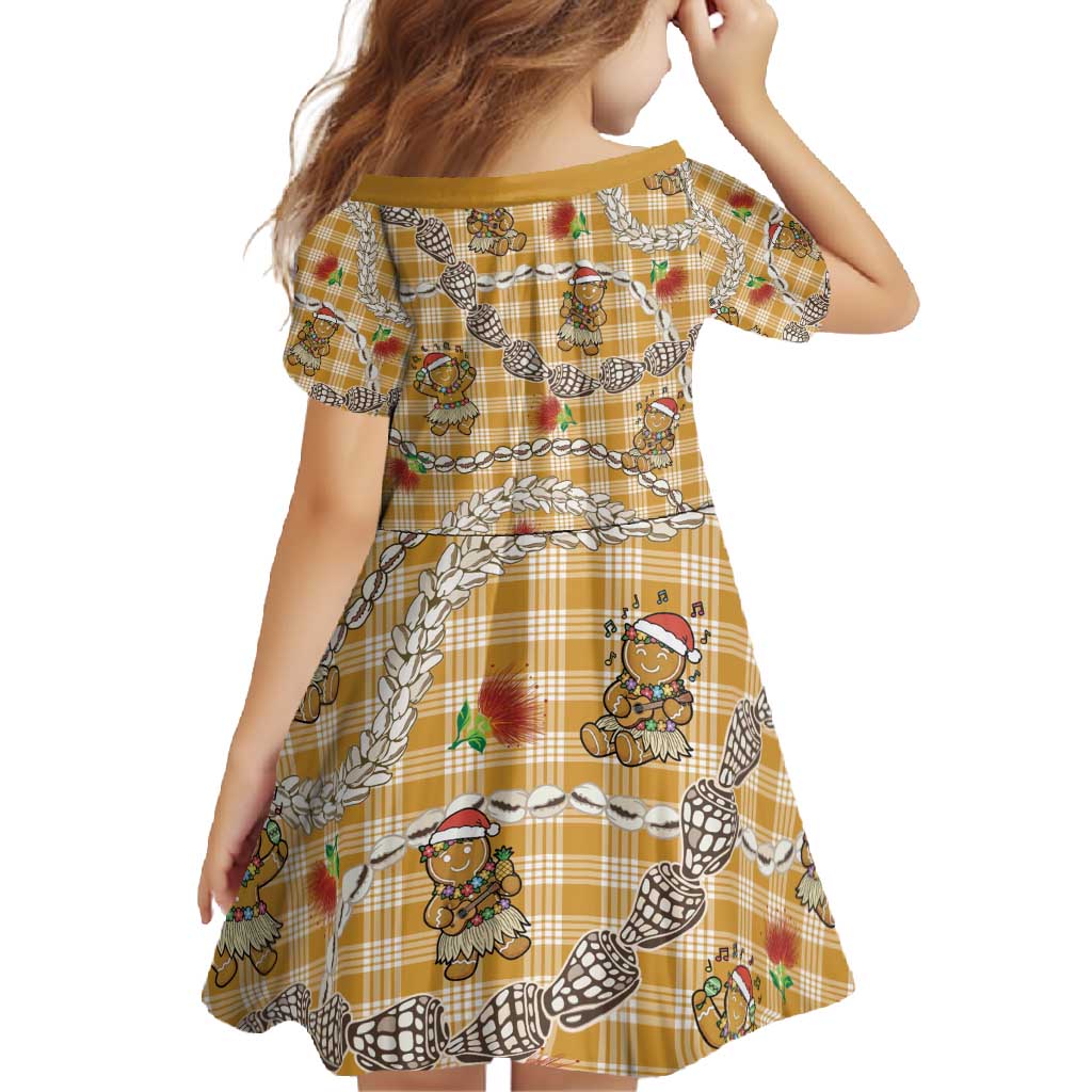 Gold Palaka Hawaii Mele Kalikimaka Family Matching Short Sleeve Bodycon Dress and Hawaiian Shirt Ohia Lehua Shell Leis Funny Gingerbread Santa - Polynesian Pride