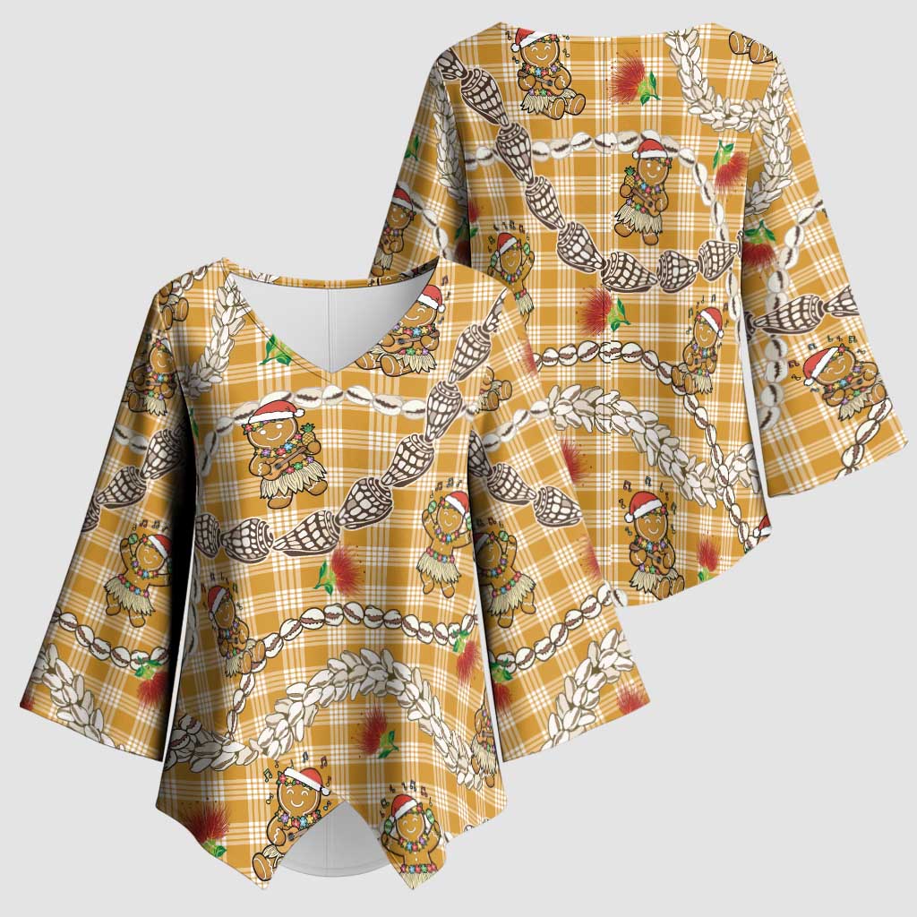 Gold Palaka Hawaii Mele Kalikimaka Kimono Sleeve Blouse Ohia Lehua Shell Leis Funny Gingerbread Santa - Polynesian Pride