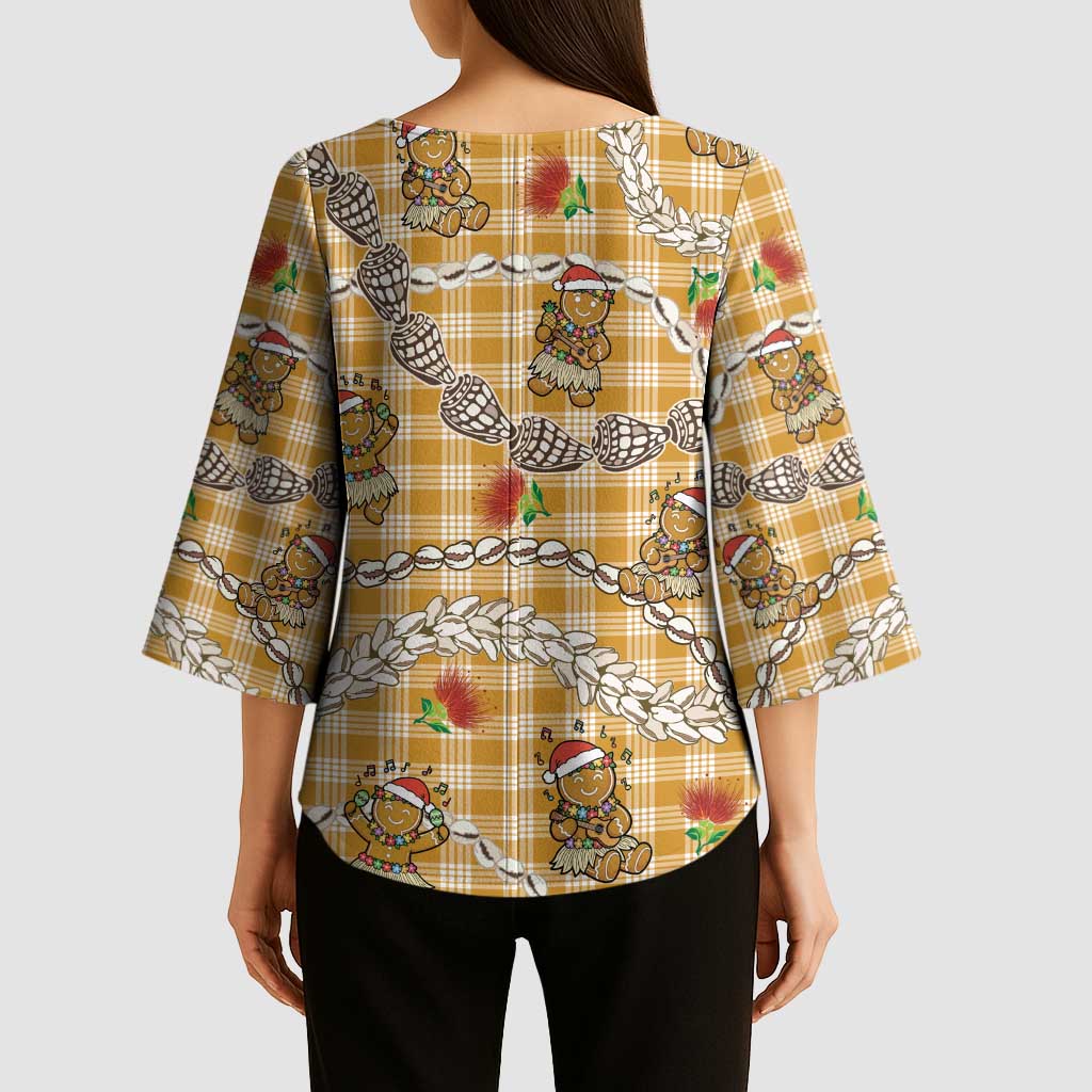 Gold Palaka Hawaii Mele Kalikimaka Kimono Sleeve Blouse Ohia Lehua Shell Leis Funny Gingerbread Santa - Polynesian Pride