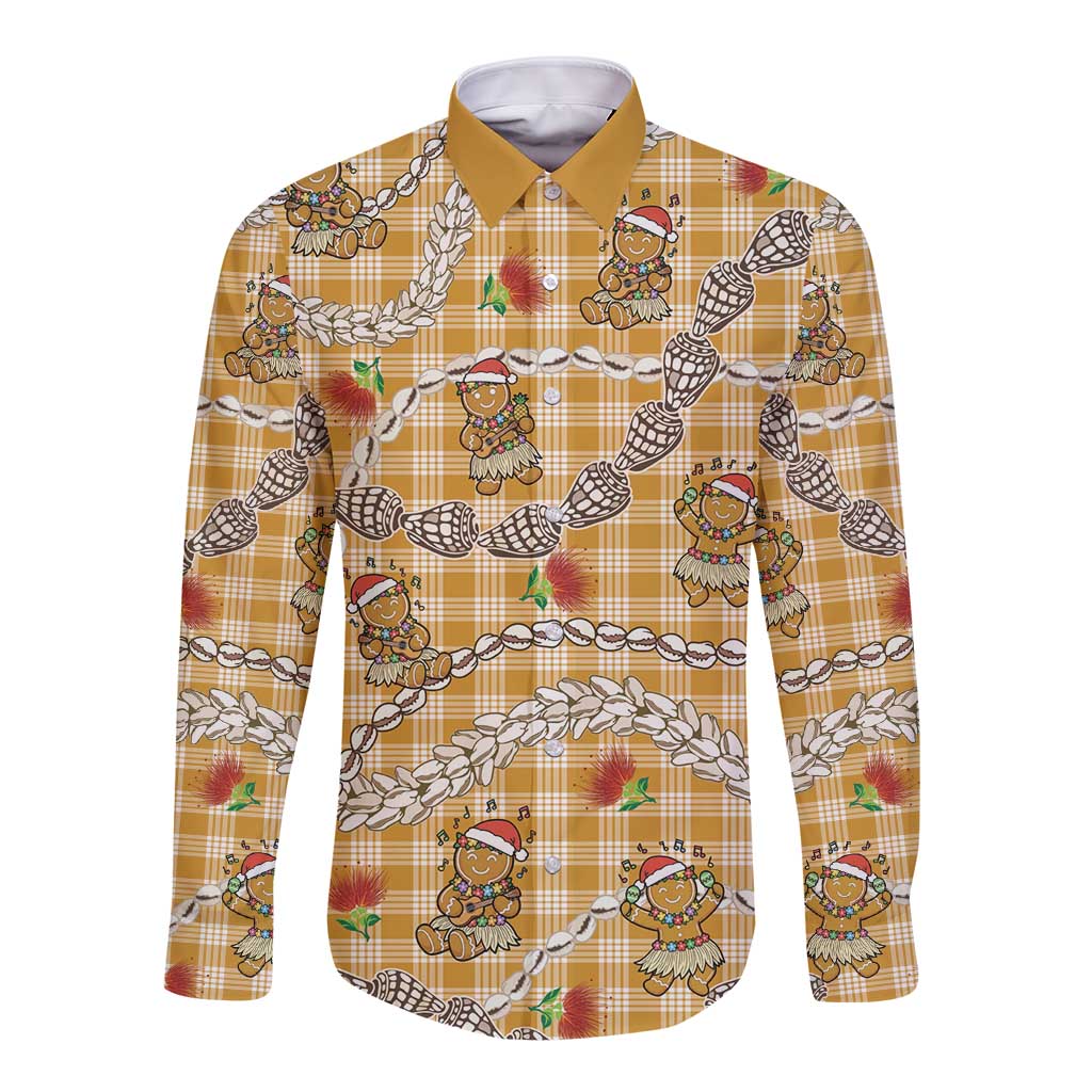 Gold Palaka Hawaii Mele Kalikimaka Long Sleeve Button Shirt Ohia Lehua Shell Leis Funny Gingerbread Santa LT14 Unisex Gold - Polynesian Pride