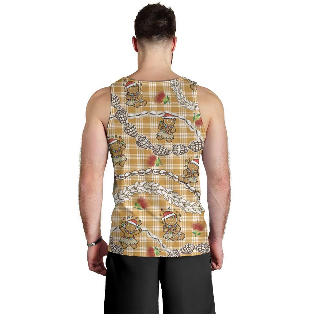 Gold Palaka Hawaii Mele Kalikimaka Men Tank Top Ohia Lehua Shell Leis Funny Gingerbread Santa - Polynesian Pride