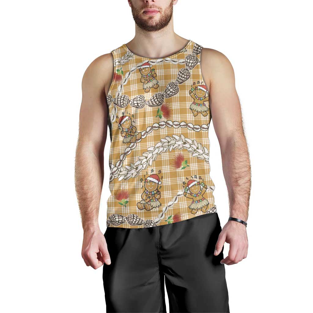 Gold Palaka Hawaii Mele Kalikimaka Men Tank Top Ohia Lehua Shell Leis Funny Gingerbread Santa - Polynesian Pride