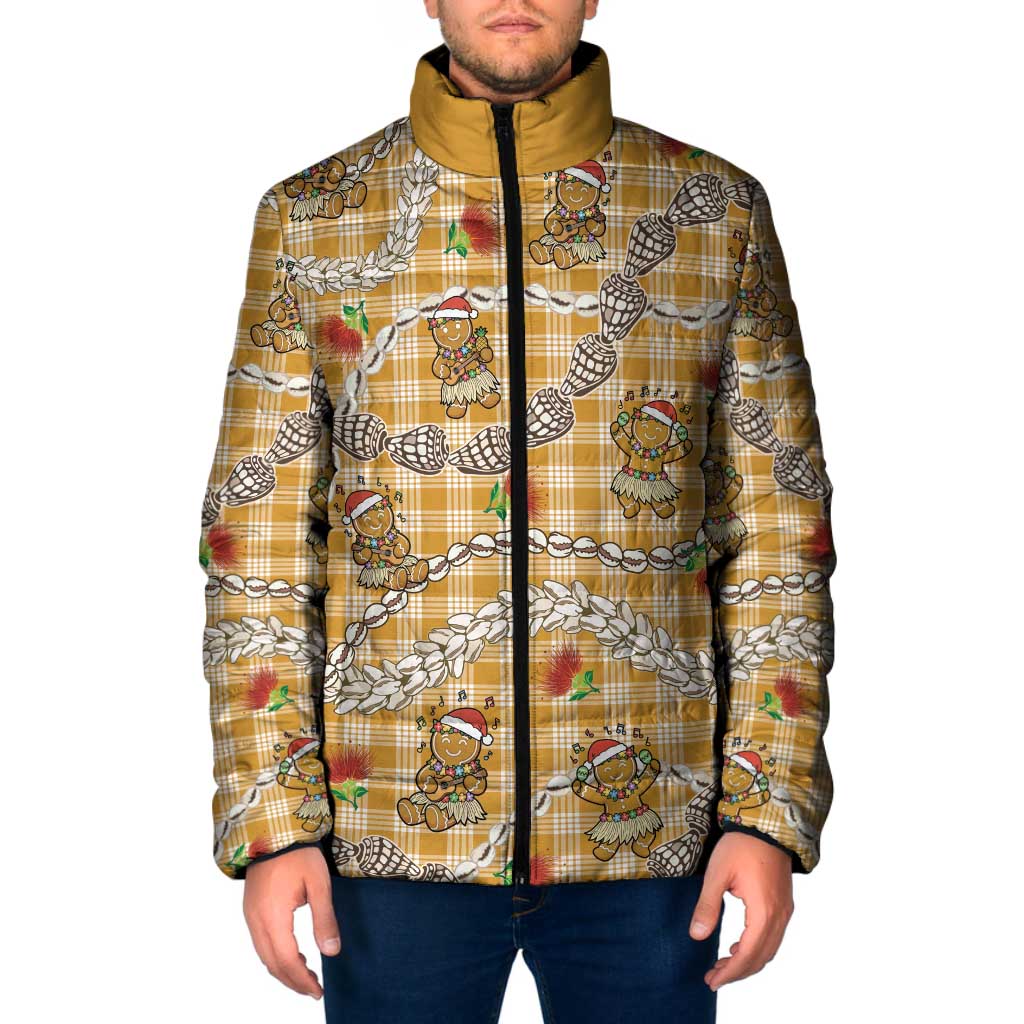 Gold Palaka Hawaii Mele Kalikimaka Padded Jacket Ohia Lehua Shell Leis Funny Gingerbread Santa LT14 Men Gold - Polynesian Pride