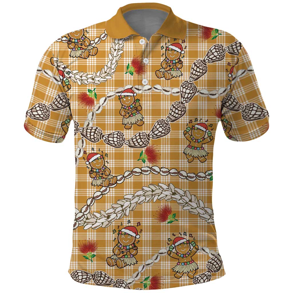 Gold Palaka Hawaii Mele Kalikimaka Polo Shirt Ohia Lehua Shell Leis Funny Gingerbread Santa - Polynesian Pride