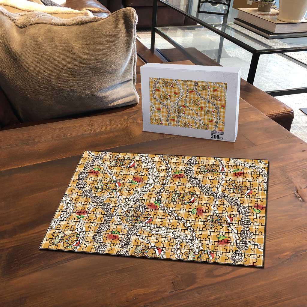 Gold Palaka Hawaii Mele Kalikimaka Puzzle Ohia Lehua Shell Leis Funny Gingerbread Santa - Polynesian Pride