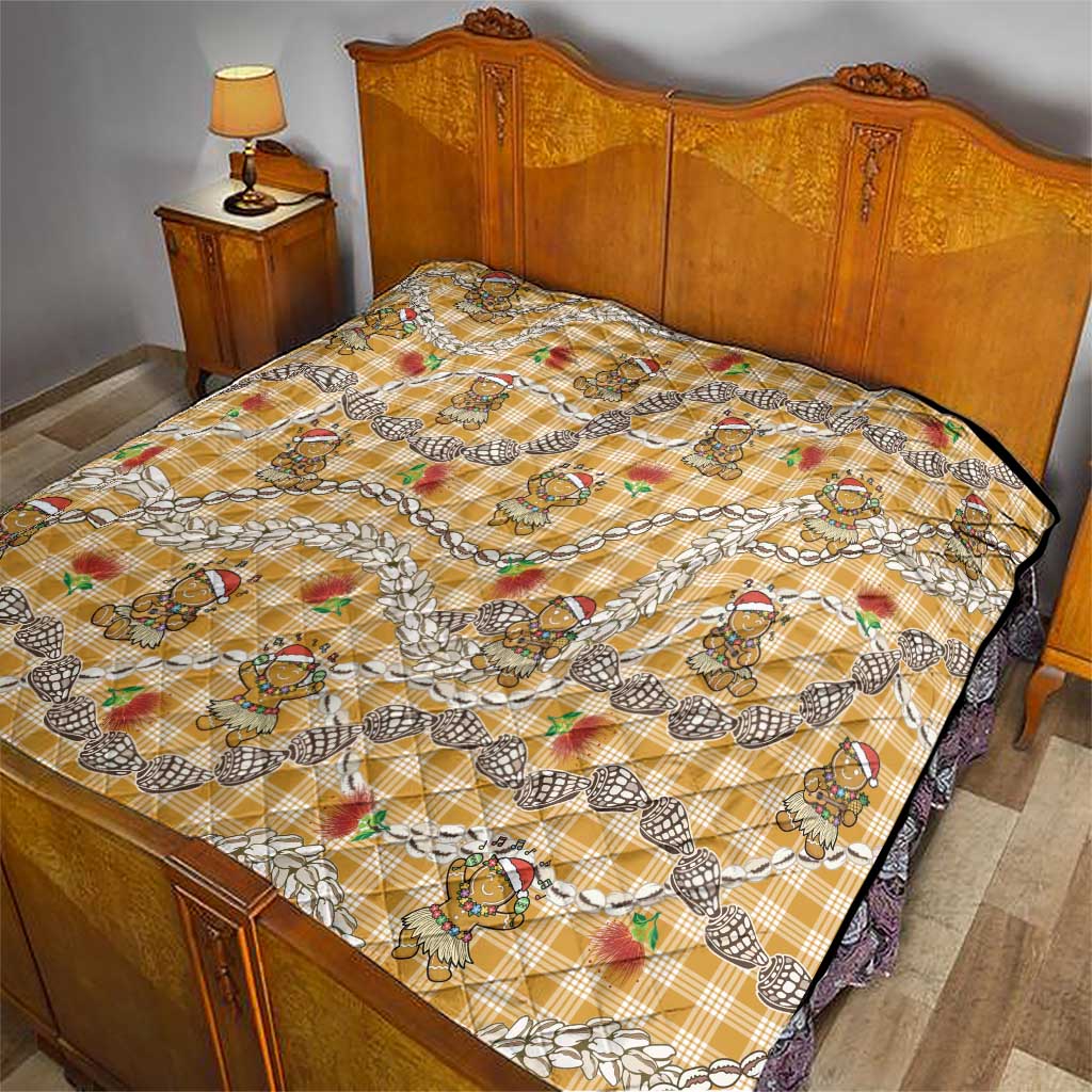 Gold Palaka Hawaii Mele Kalikimaka Quilt Ohia Lehua Shell Leis Funny Gingerbread Santa - Polynesian Pride