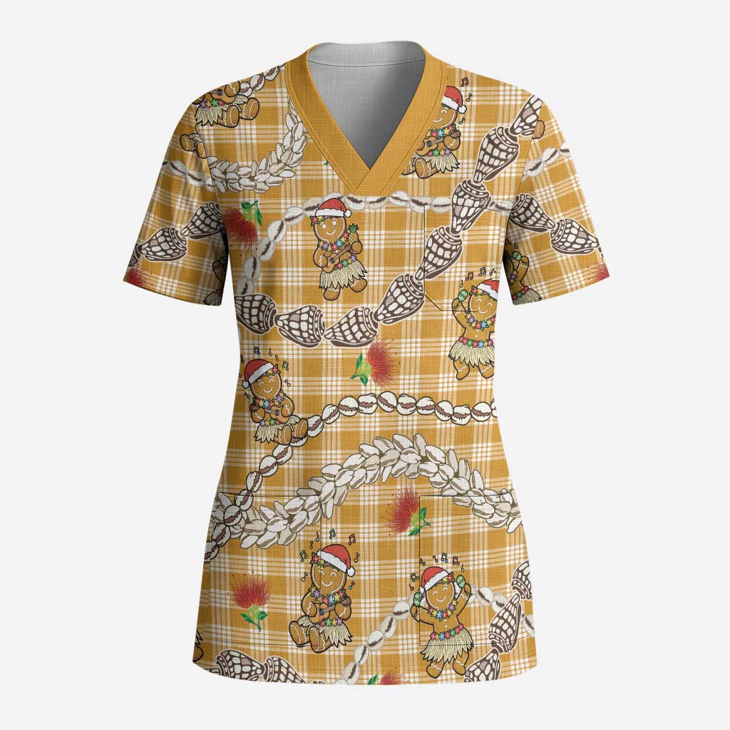 Gold Palaka Hawaii Mele Kalikimaka Scrub Top Ohia Lehua Shell Leis Funny Gingerbread Santa LT14 Adult Gold - Polynesian Pride