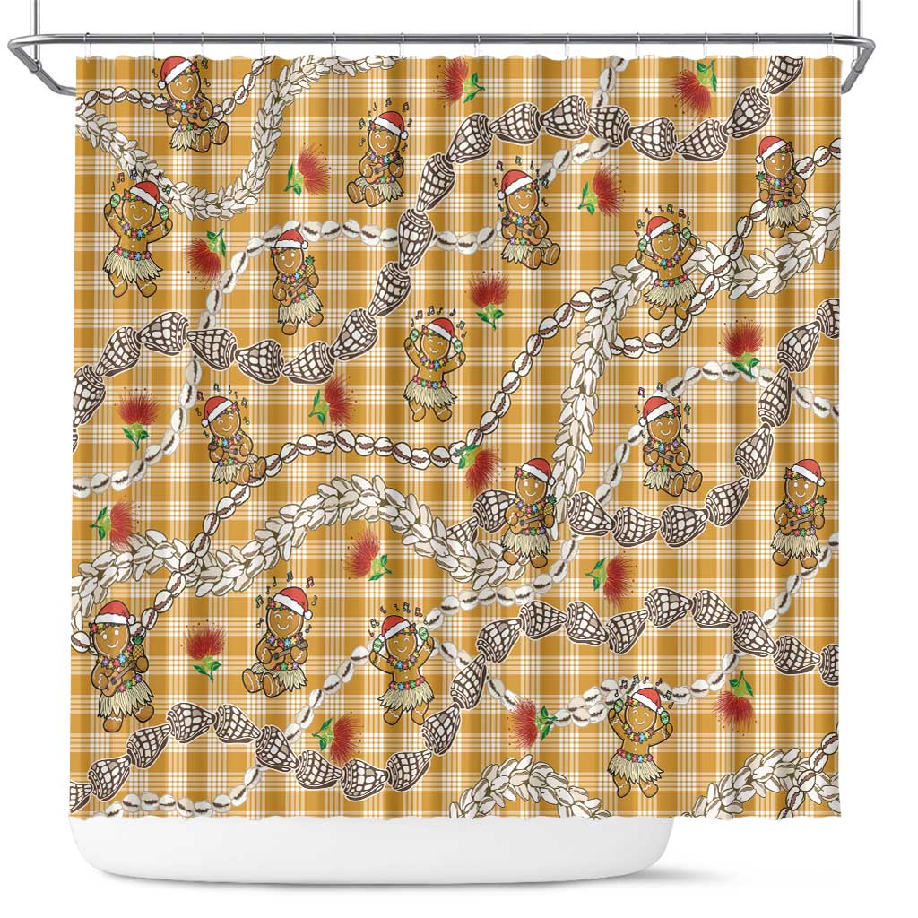 Gold Palaka Hawaii Mele Kalikimaka Shower Curtain Ohia Lehua Shell Leis Funny Gingerbread Santa - Polynesian Pride