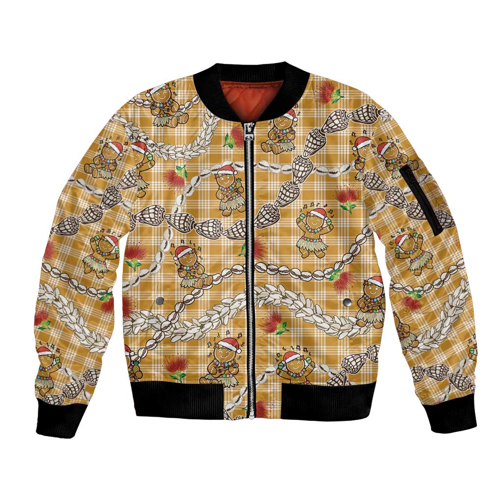 Gold Palaka Hawaii Mele Kalikimaka Sleeve Zip Bomber Jacket Ohia Lehua Shell Leis Funny Gingerbread Santa LT14 Unisex Gold - Polynesian Pride