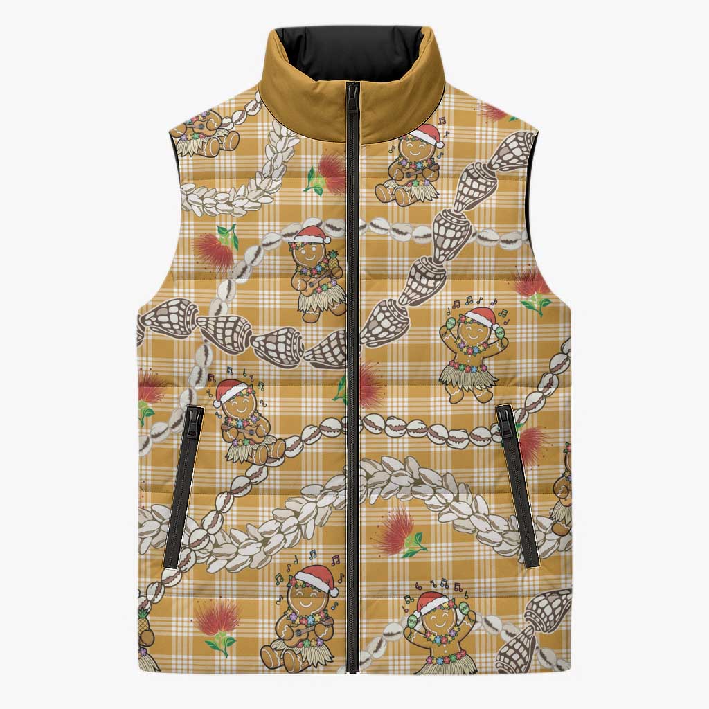 Gold Palaka Hawaii Mele Kalikimaka Sleeveless Puffer Jacket Ohia Lehua Shell Leis Funny Gingerbread Santa LT14 Unisex Gold - Polynesian Pride