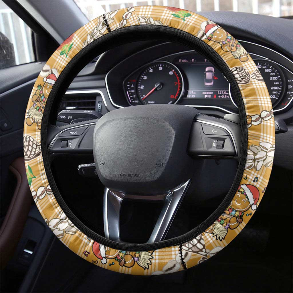 Gold Palaka Hawaii Mele Kalikimaka Steering Wheel Cover Ohia Lehua Shell Leis Funny Gingerbread Santa - Polynesian Pride