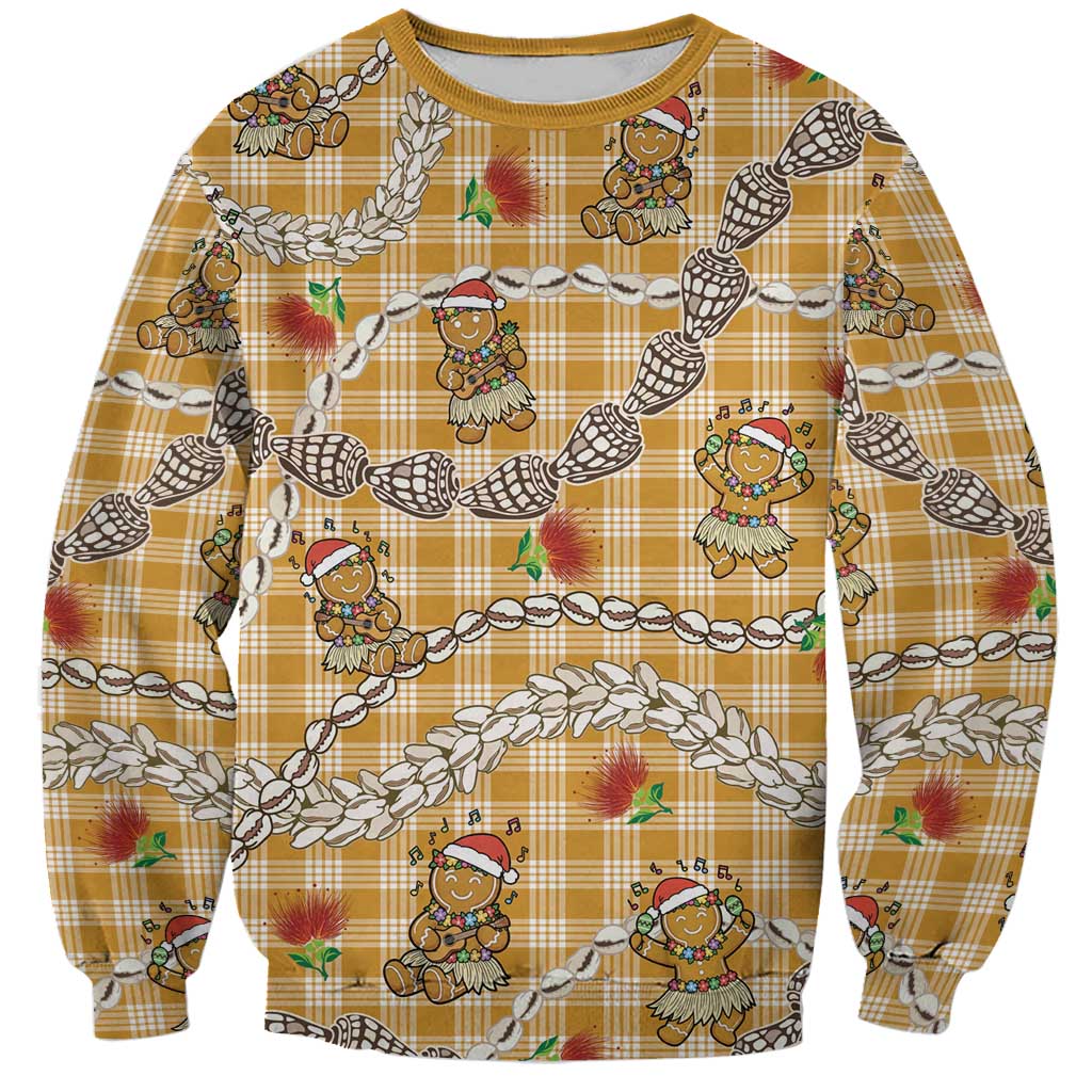 Gold Palaka Hawaii Mele Kalikimaka Sweatshirt Ohia Lehua Shell Leis Funny Gingerbread Santa - Polynesian Pride