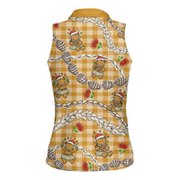 Gold Palaka Hawaii Mele Kalikimaka Women Sleeveless Polo Shirt Ohia Lehua Shell Leis Funny Gingerbread Santa - Polynesian Pride