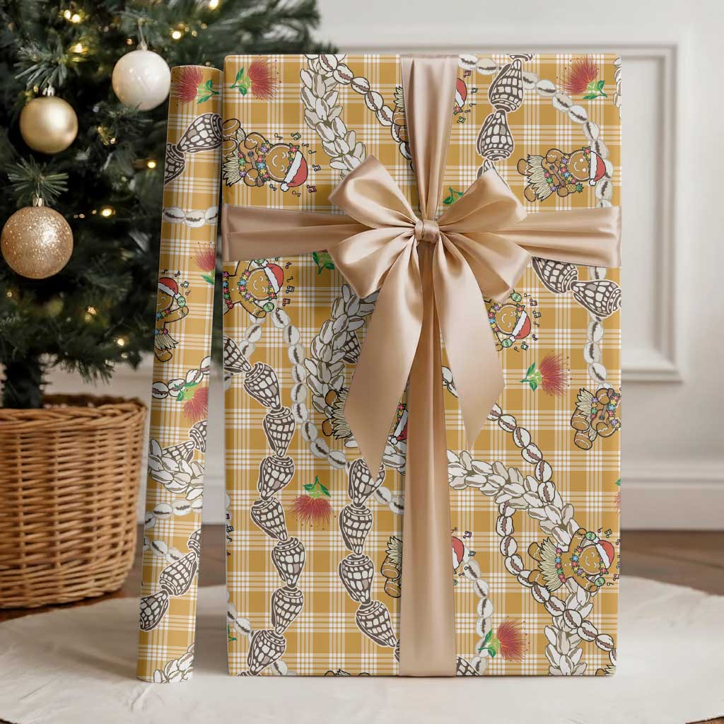 Gold Palaka Hawaii Mele Kalikimaka Wrapping Paper Ohia Lehua Shell Leis Funny Gingerbread Santa - Polynesian Pride
