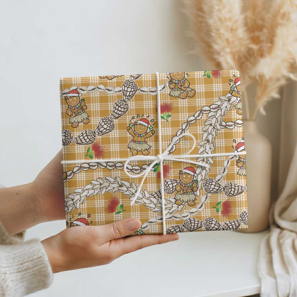 Gold Palaka Hawaii Mele Kalikimaka Wrapping Paper Ohia Lehua Shell Leis Funny Gingerbread Santa - Polynesian Pride
