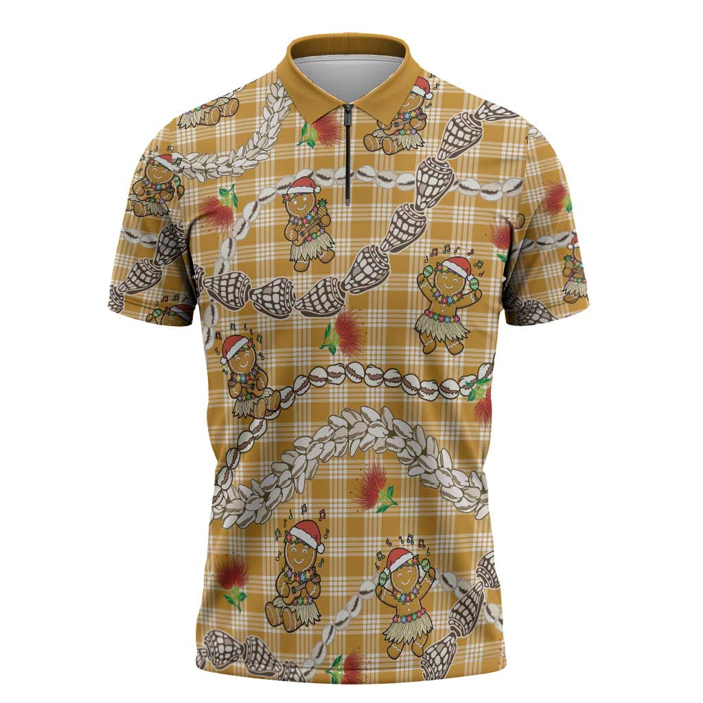 Gold Palaka Hawaii Mele Kalikimaka Zipper Polo Shirt Ohia Lehua Shell Leis Funny Gingerbread Santa - Polynesian Pride