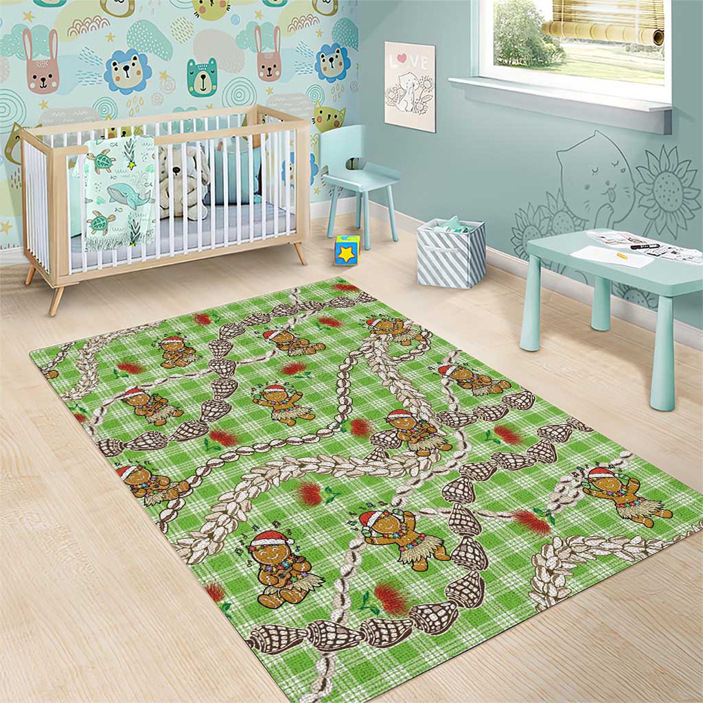 Green Palaka Hawaii Mele Kalikimaka Area Rug Ohia Lehua Shell Leis Funny Gingerbread Santa - Polynesian Pride