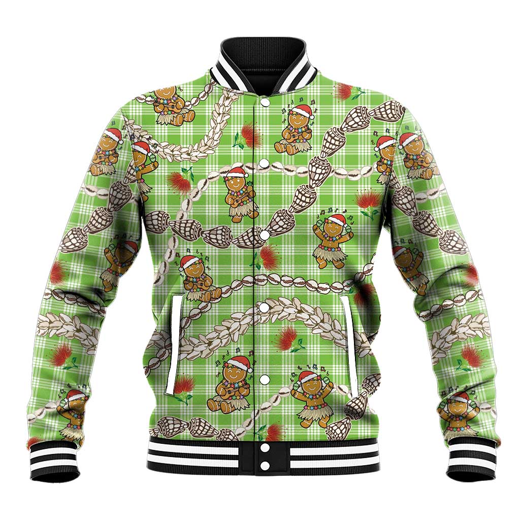 Green Palaka Hawaii Mele Kalikimaka Baseball Jacket Ohia Lehua Shell Leis Funny Gingerbread Santa LT14 Unisex Green - Polynesian Pride