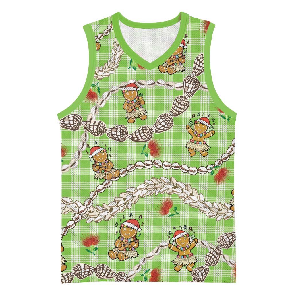 Green Palaka Hawaii Mele Kalikimaka Basketball Jersey Ohia Lehua Shell Leis Funny Gingerbread Santa - Polynesian Pride