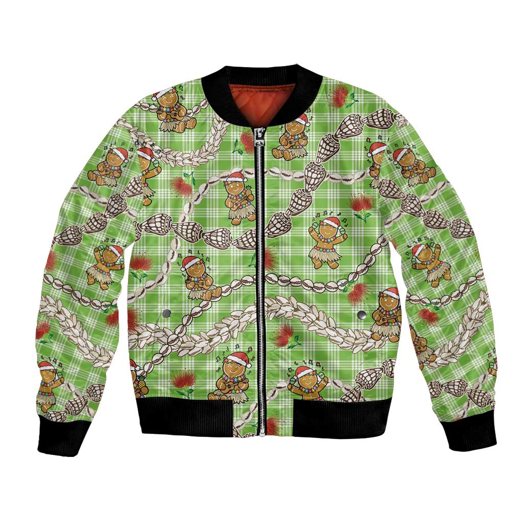 Green Palaka Hawaii Mele Kalikimaka Bomber Jacket Ohia Lehua Shell Leis Funny Gingerbread Santa LT14 Unisex Green - Polynesian Pride