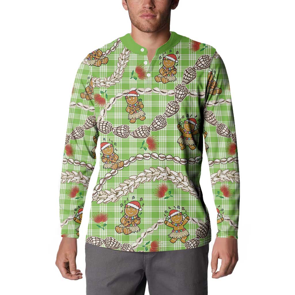 Green Palaka Hawaii Mele Kalikimaka Button Sweatshirt Ohia Lehua Shell Leis Funny Gingerbread Santa - Polynesian Pride