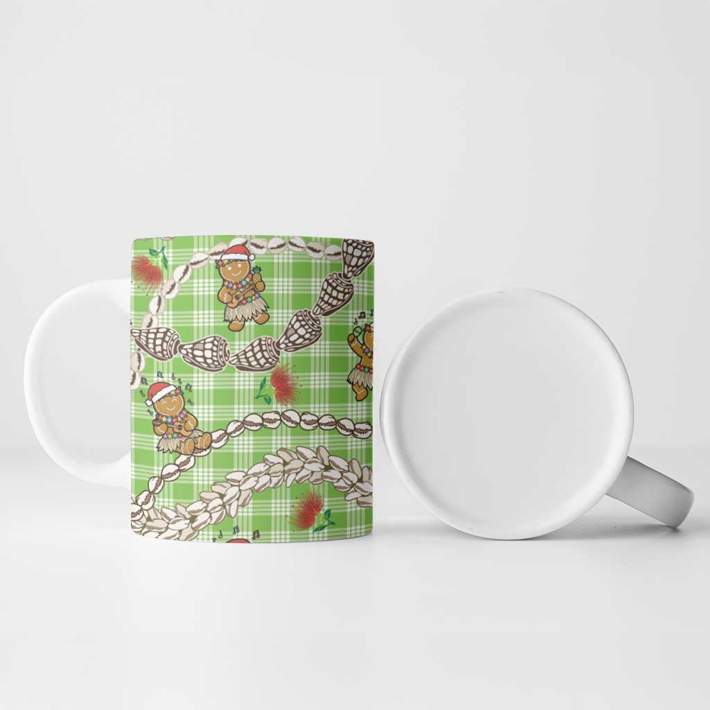 Green Palaka Hawaii Mele Kalikimaka Ceramic Mug Ohia Lehua Shell Leis Funny Gingerbread Santa - Polynesian Pride