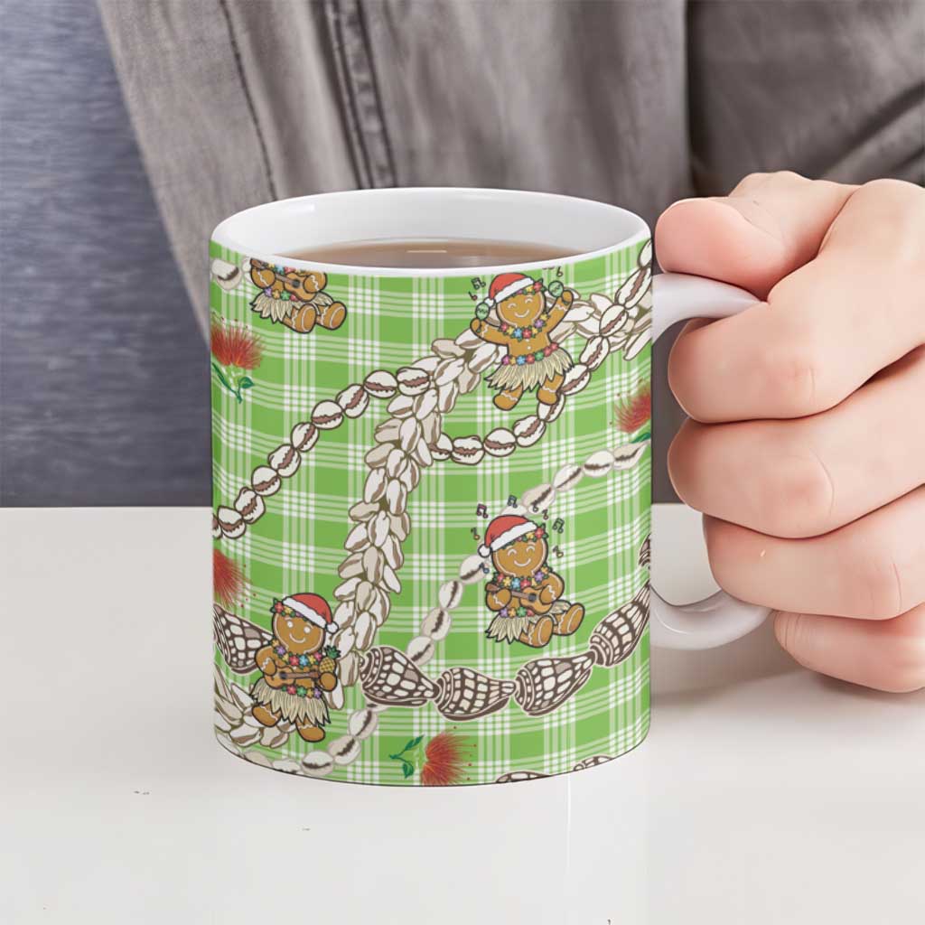 Green Palaka Hawaii Mele Kalikimaka Ceramic Mug Ohia Lehua Shell Leis Funny Gingerbread Santa - Polynesian Pride