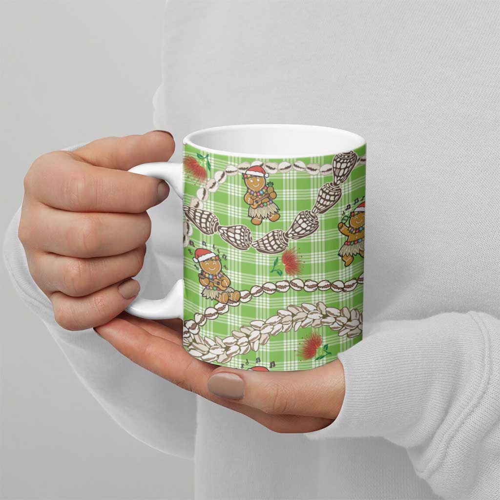 Green Palaka Hawaii Mele Kalikimaka Ceramic Mug Ohia Lehua Shell Leis Funny Gingerbread Santa - Polynesian Pride