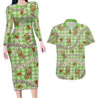 Green Palaka Hawaii Mele Kalikimaka Couples Matching Long Sleeve Bodycon Dress and Hawaiian Shirt Ohia Lehua Shell Leis Funny Gingerbread Santa - Polynesian Pride