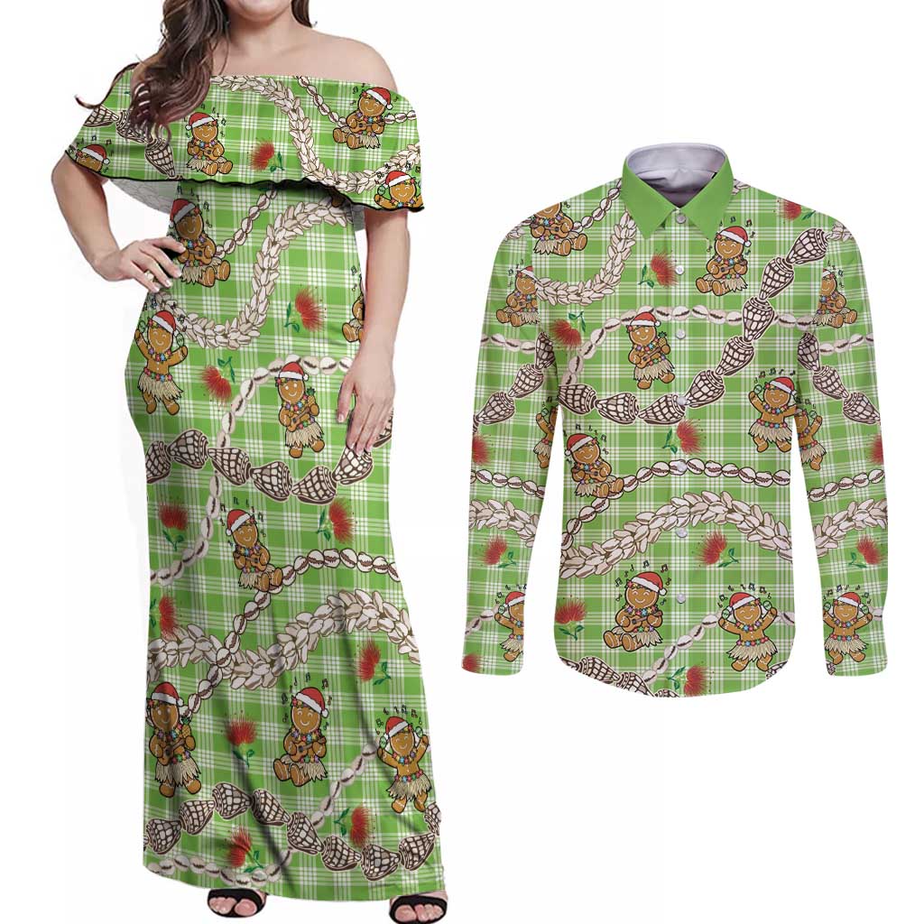 Green Palaka Hawaii Mele Kalikimaka Couples Matching Off Shoulder Maxi Dress and Long Sleeve Button Shirt Ohia Lehua Shell Leis Funny Gingerbread Santa - Polynesian Pride
